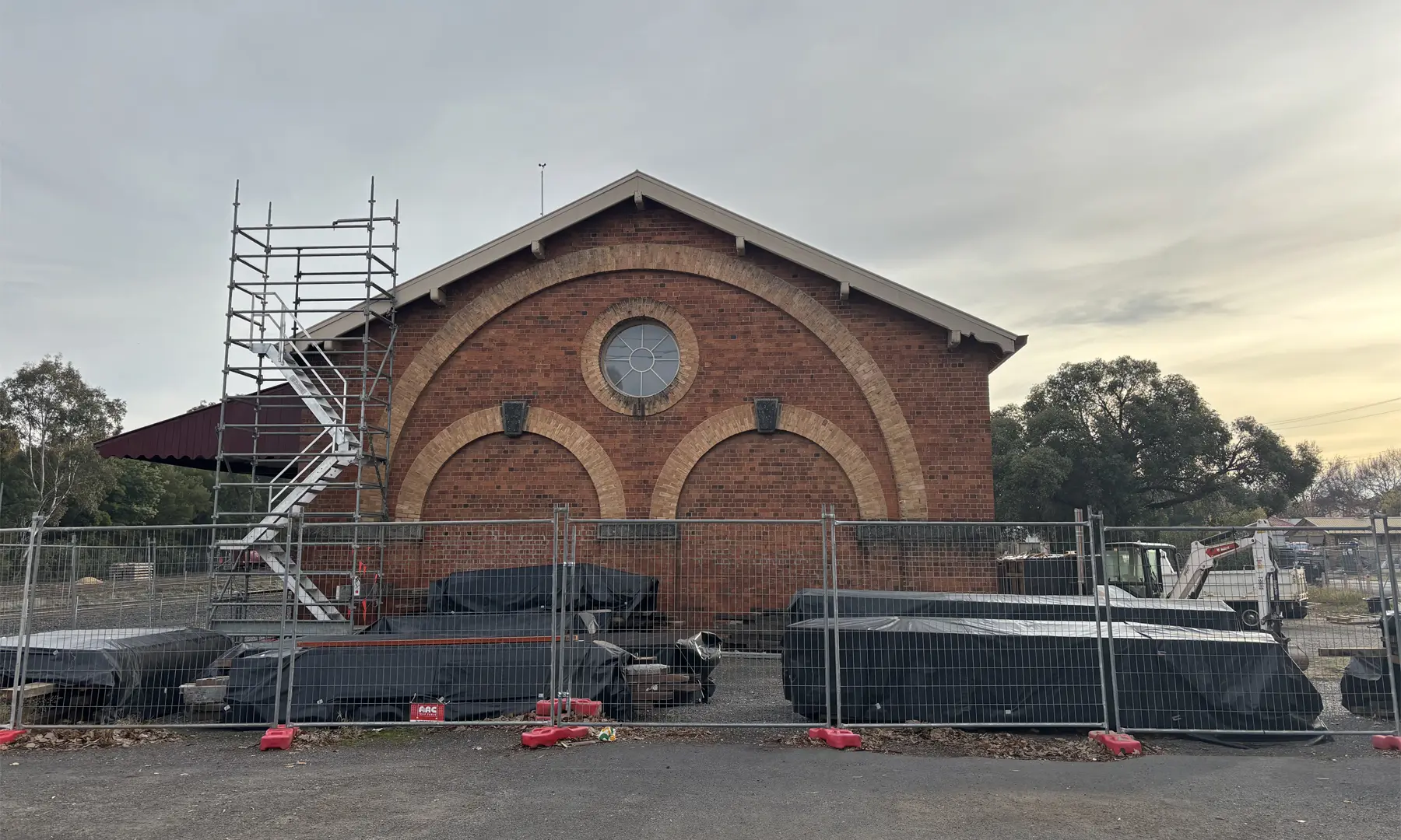 Scaffolding and temporary fencing around the striking Victorian building intended to become a creative hub for the region.