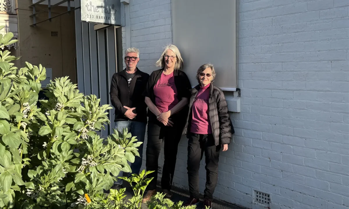 Co-op Member Lachlan Simpson with Co-op Directors Jeanette Pope and Gwen Hanna at The Hub in Castlemaine.