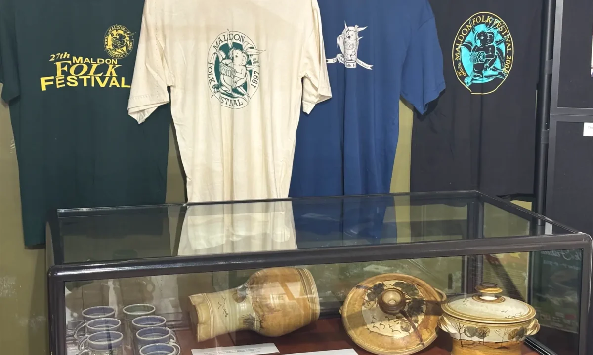 Folk Festival merchandise amongst other memorabilia on display at Maldon Museum.