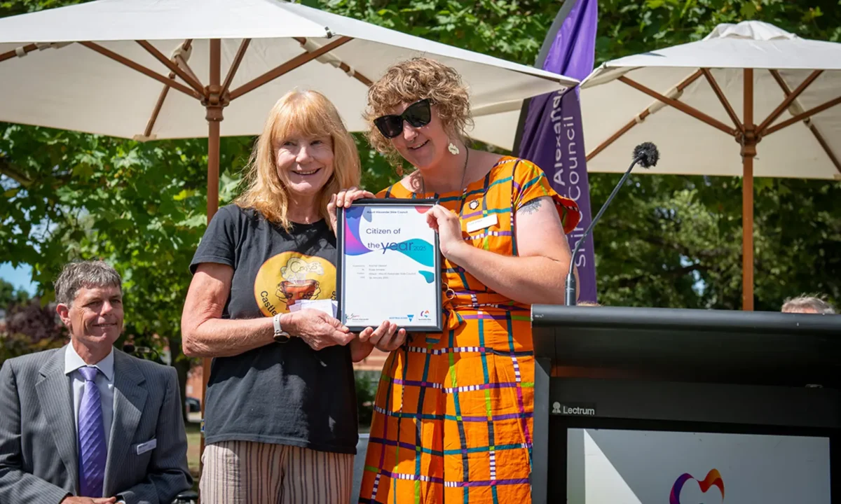 Citizen of the year 2025 presented to Rachel Stewart by Mayor Rosie Annear.
