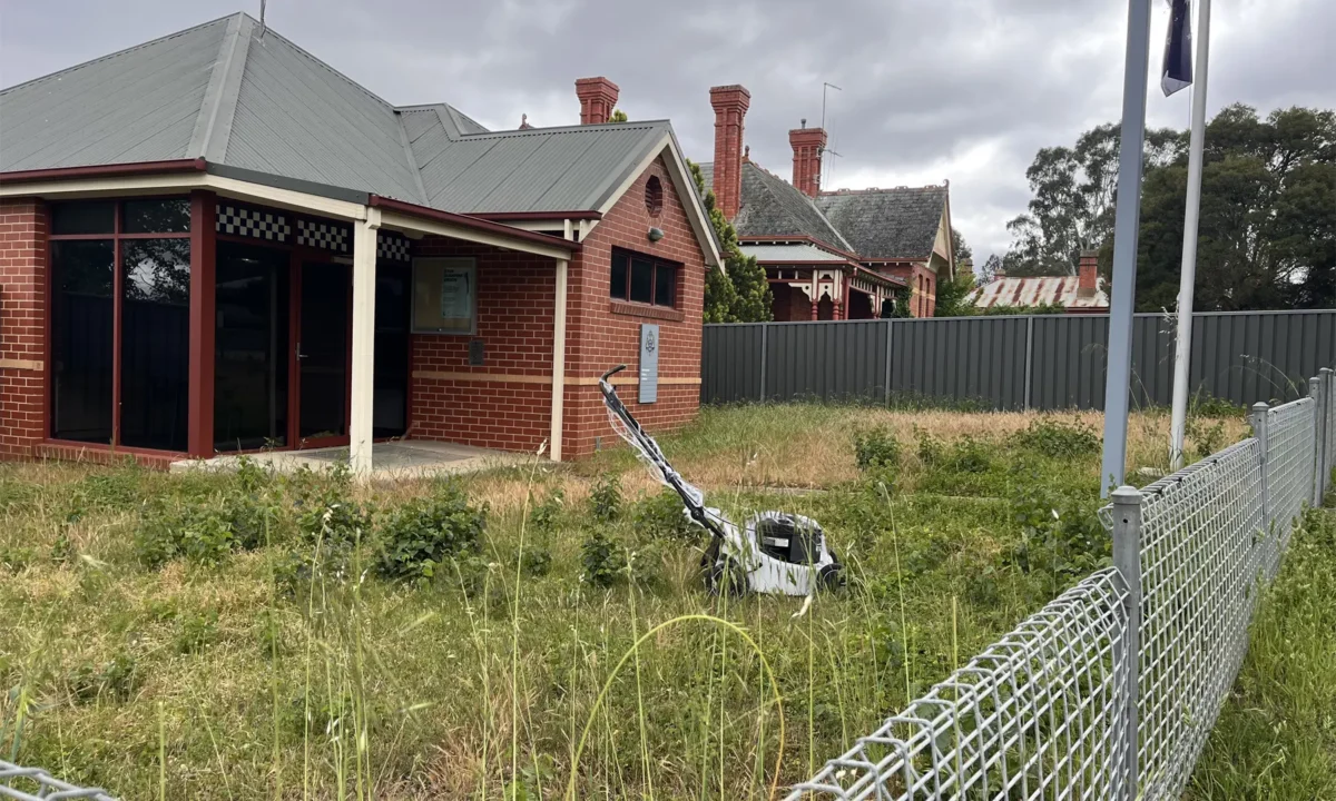 Was this a Halloween prank, or is there more to this lawnmower at the overgrown Newstead Police Station? Photo Kerry Cain.