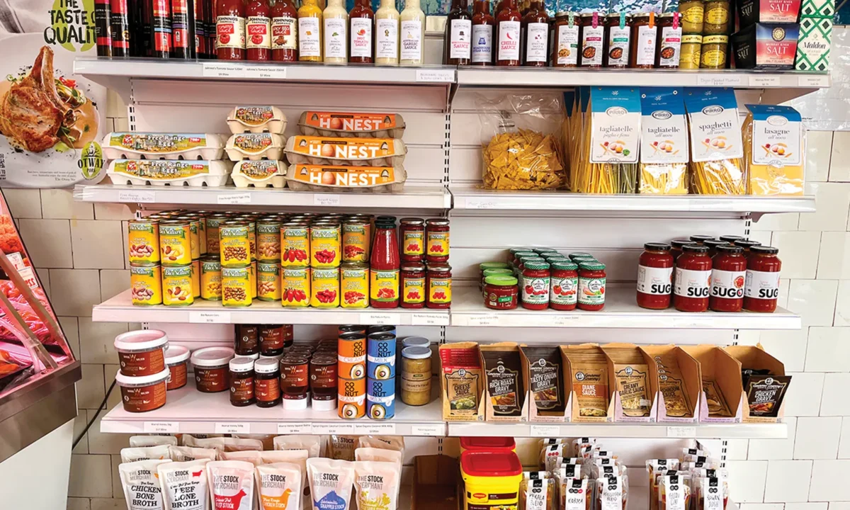 A delicious range of sauces, pickles, local olive oil and seasonings at Maldon Butchers.